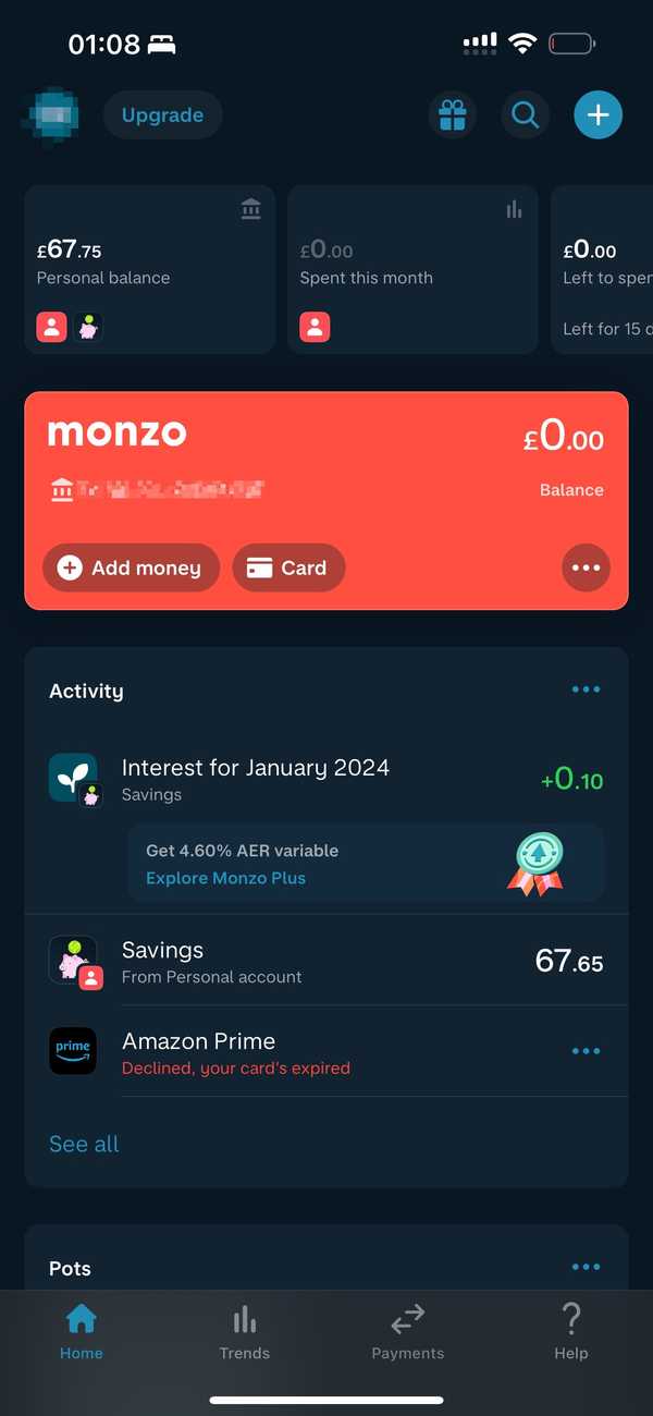 Monzo App Home Screenshot