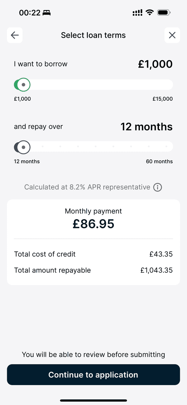 Kroo App £1000 Loan Calculator Screenshot