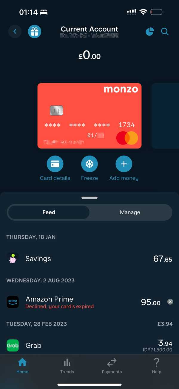 Monzo App Card Activity Screenshot